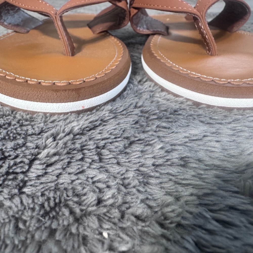 Lauren Ralph Lauren Sandals Brown Leather Thong Gold Logo Size 9 -  Classic Summ - Picture 5 of 11